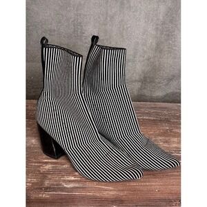 Qupid Black White Stripe Sock Booties Block Heel Pointed Toe Ankle Boots Size 6